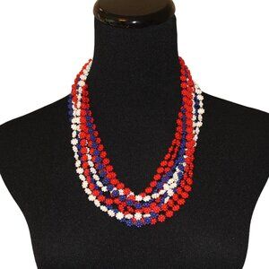 VTG 3 Strand Fixed Bead w/threading Necklace Red White Blue Lucite? Plastic